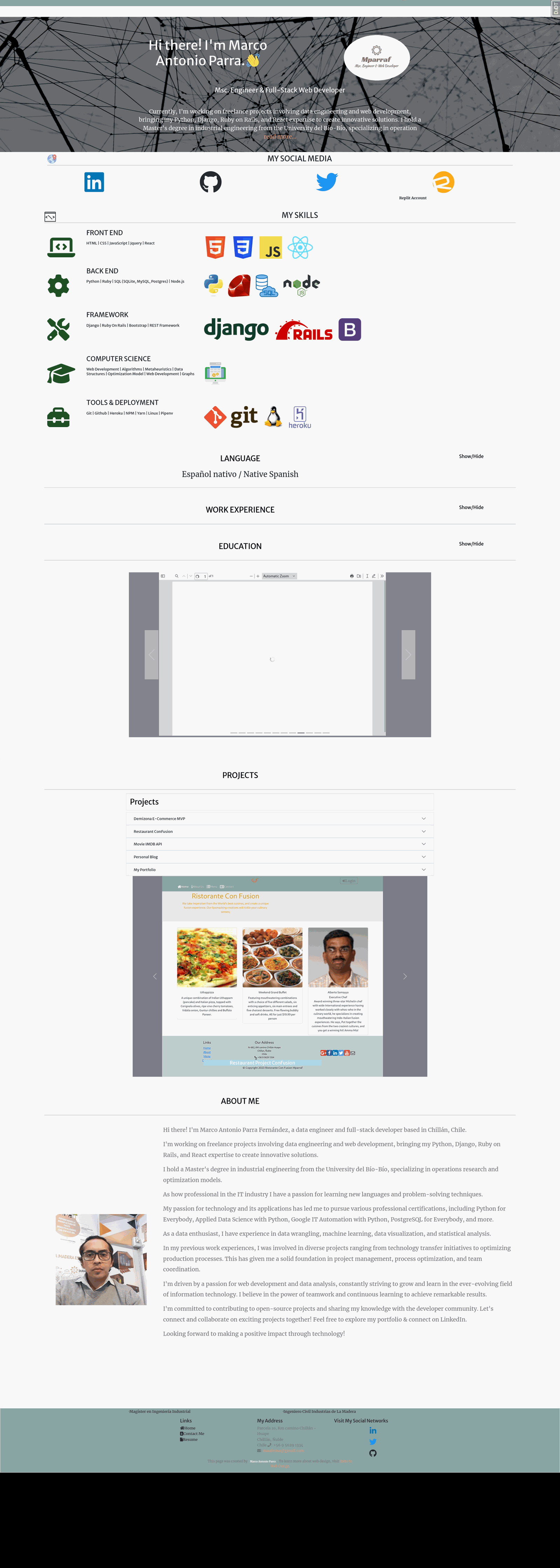 Screenshot of the portfolio home page